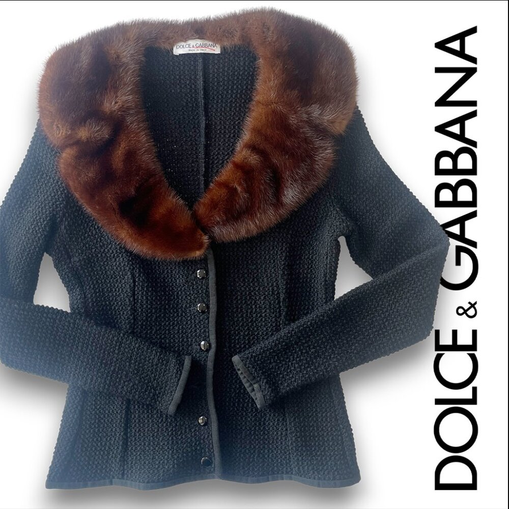 Rare, Vintage Dolce & Gabbana Black Sweater with Sable Fur Collar, Petite, XS